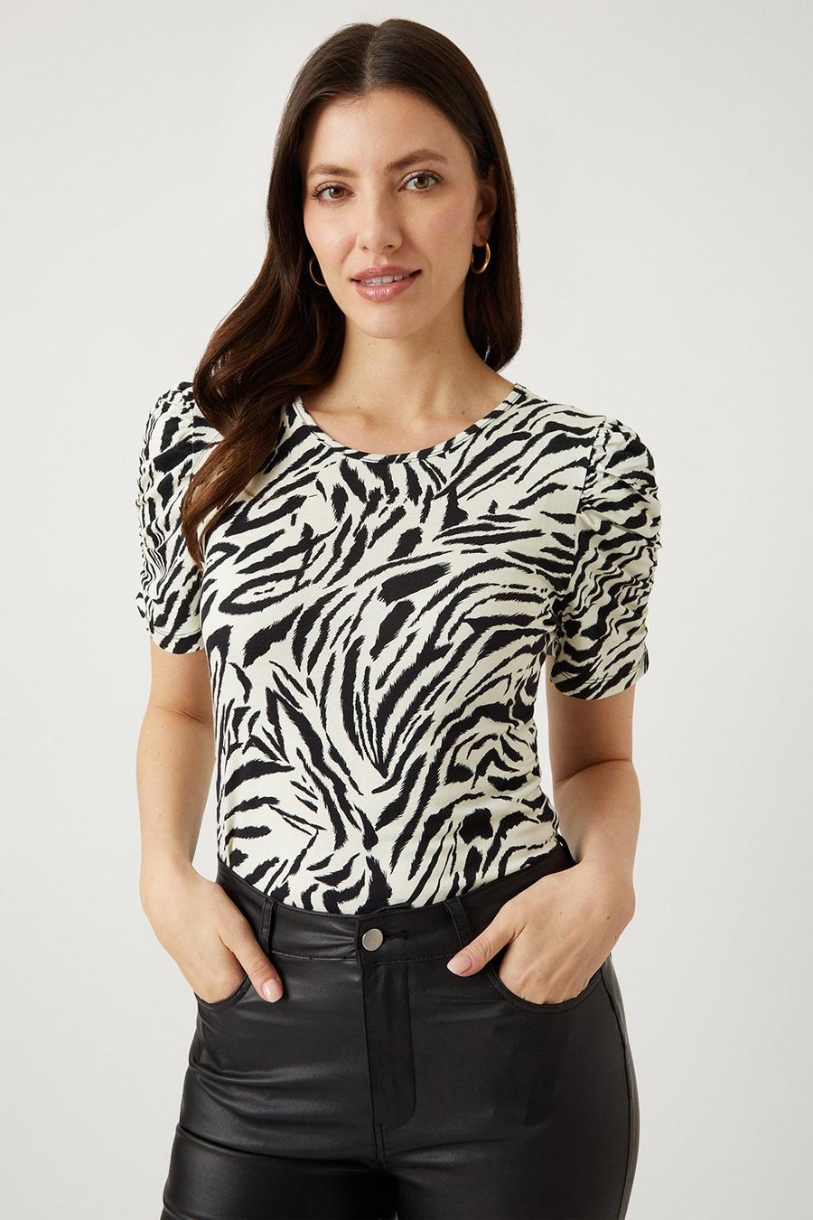 Animal Print Ruched Sleeve Top