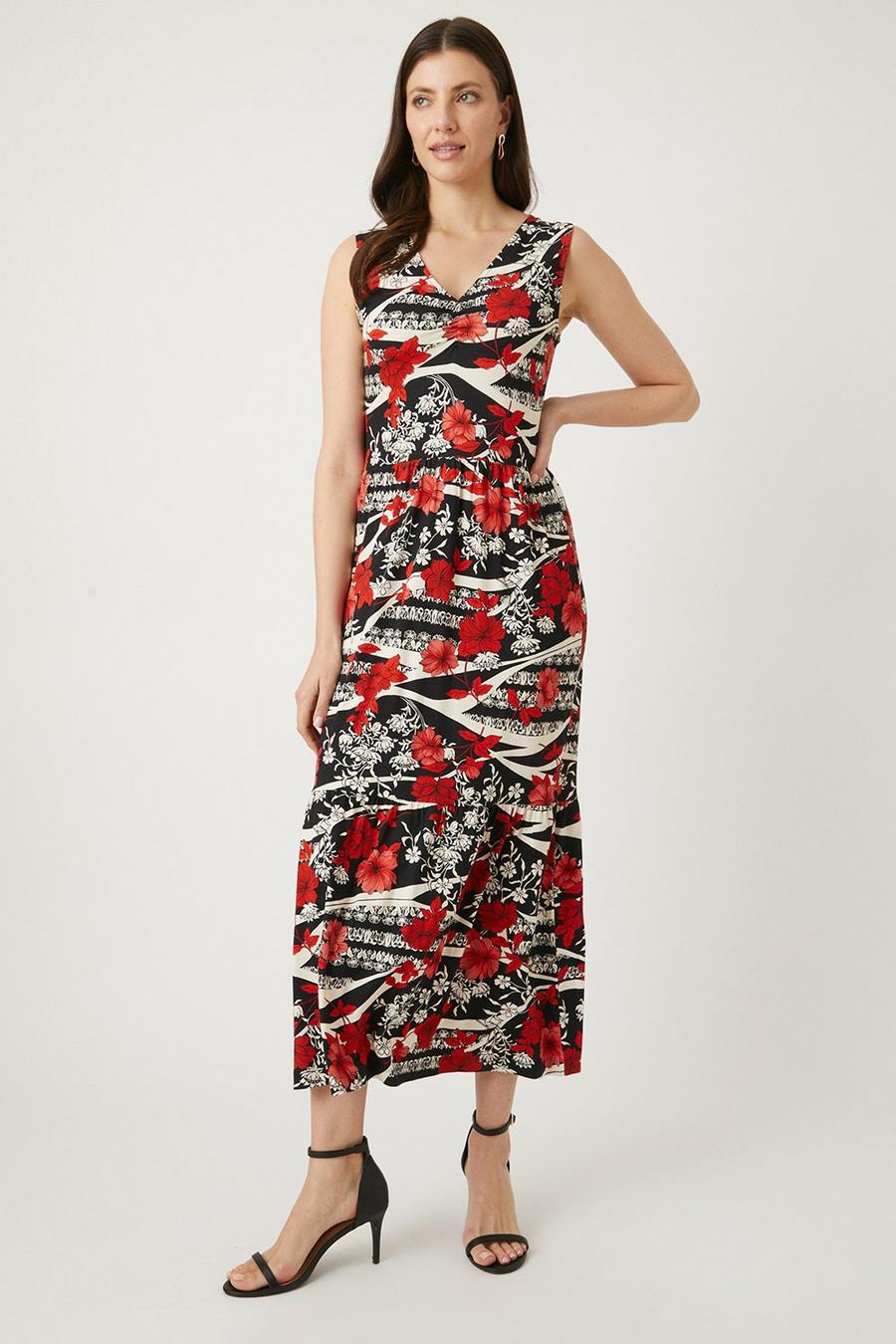 Black Floral Ruch Detail Tiered Jersey Dress