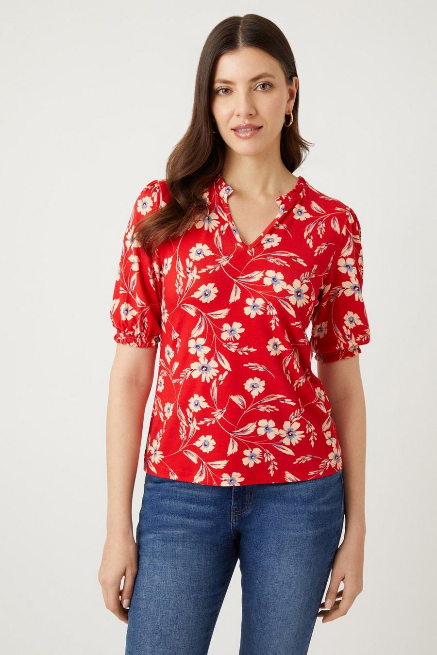 Red Floral Print Ruched Sleeve Jersey Top