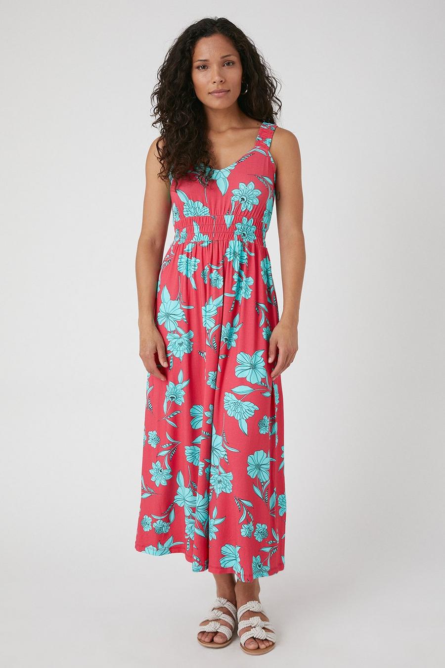 Petite Pink Floral Ruched Jersey Midi Dress
