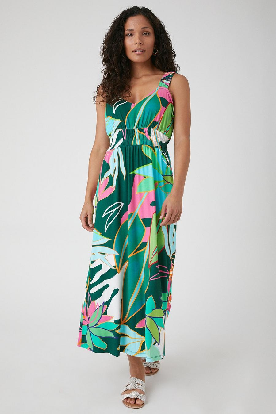 Petite Green Tropical Ruched Jersey Midi Dress