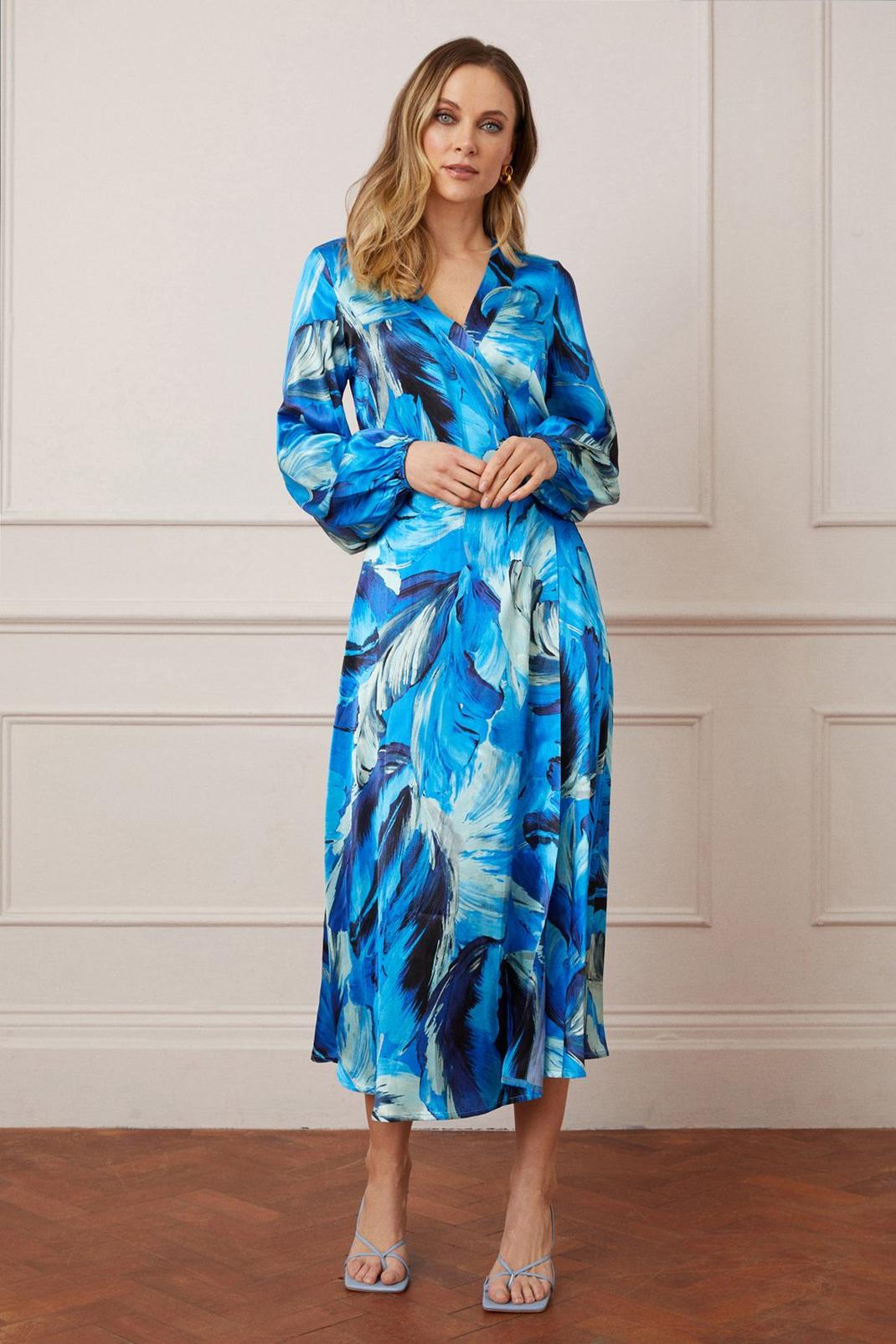 Blue Tall Feather Print Satin Wrap Midi Dress image number 1