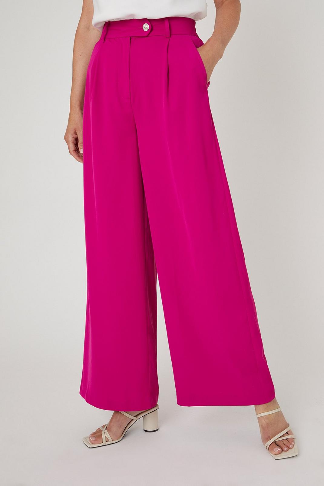 Raspberry Pink Diamante Button Wide Leg Trousers image number 1