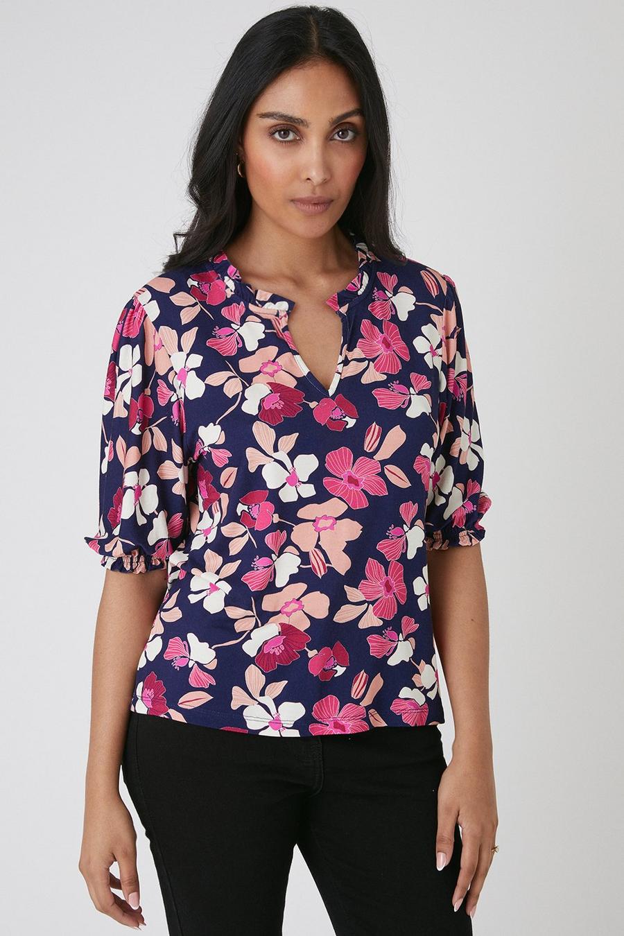Petite Navy Floral Ruched Sleeve Jersey Top