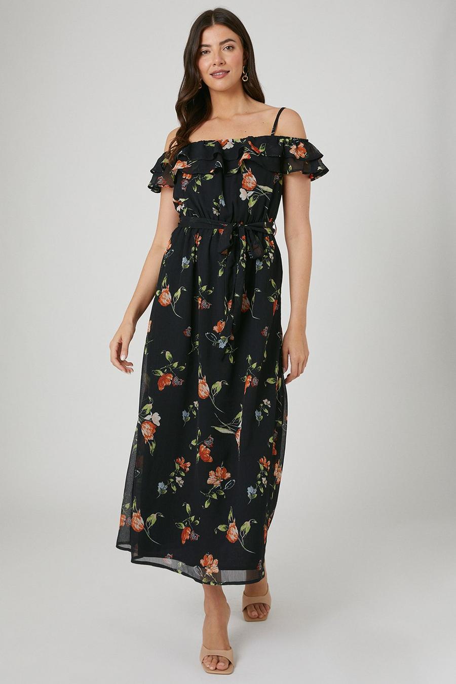 Chiffon Floral Print Bardot Maxi Dress