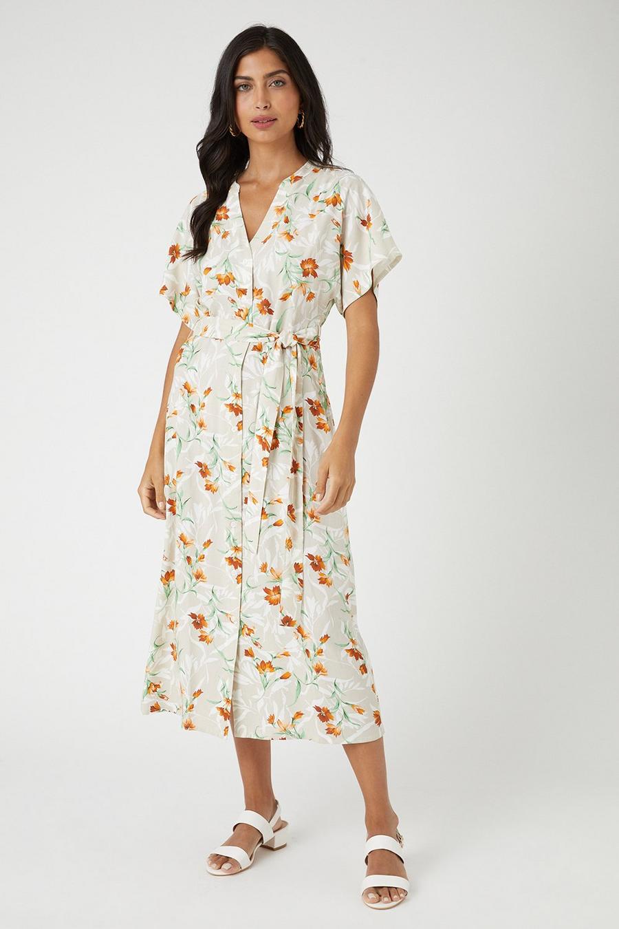 Neutral Floral Belted Shirt Midi Dress