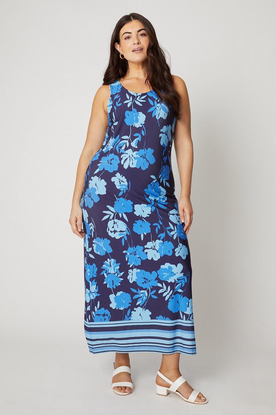 Curve Blue Floral Border Jersey Maxi Dress