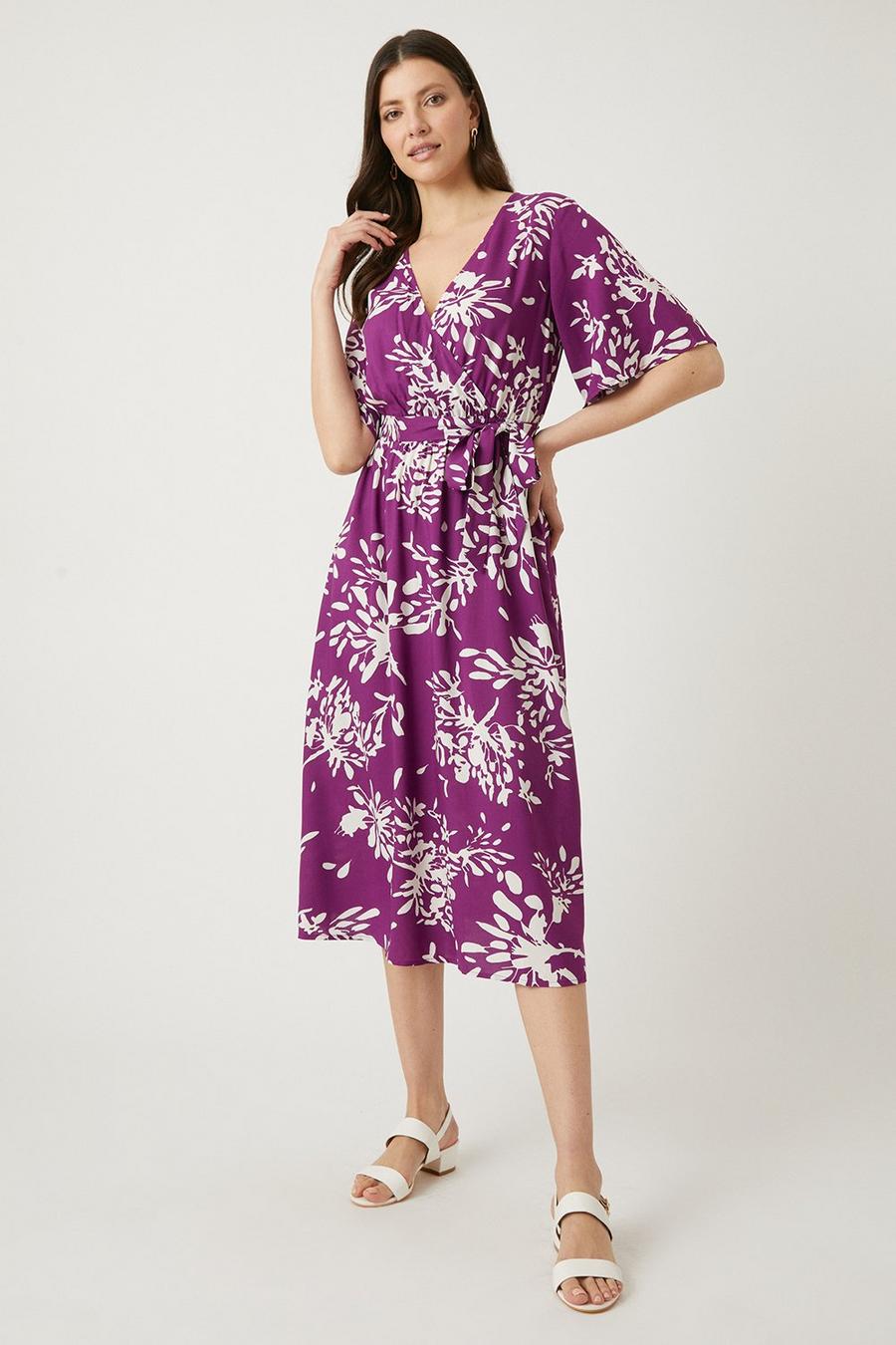 Purple Stencil Floral Kimono Sleeve Wrap Midi Dress