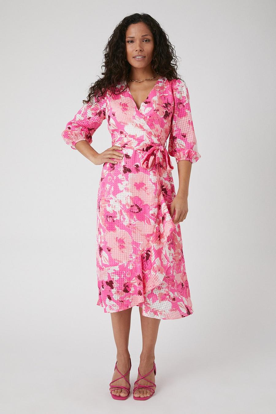 Petite Pink Abstract Floral Textured Wrap Frill Midi Dress