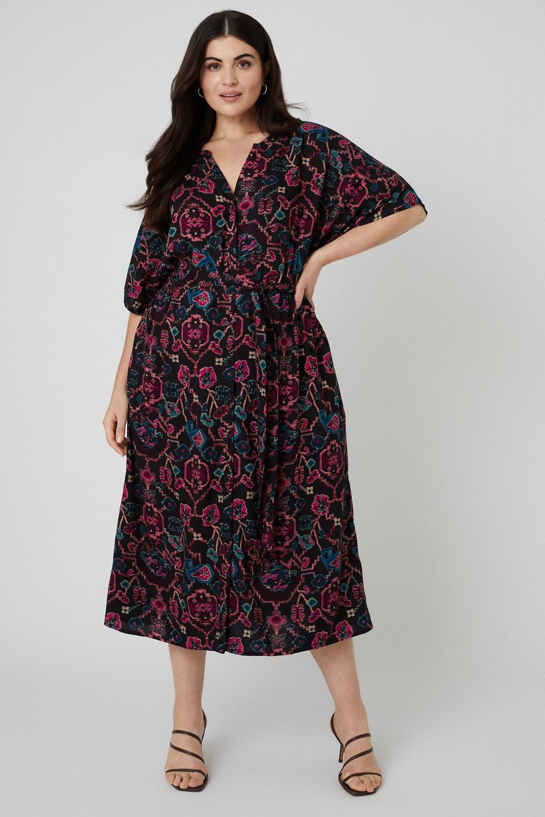 Multi Curve Geo Abstract Belted Shirt Midi Dress image number 1