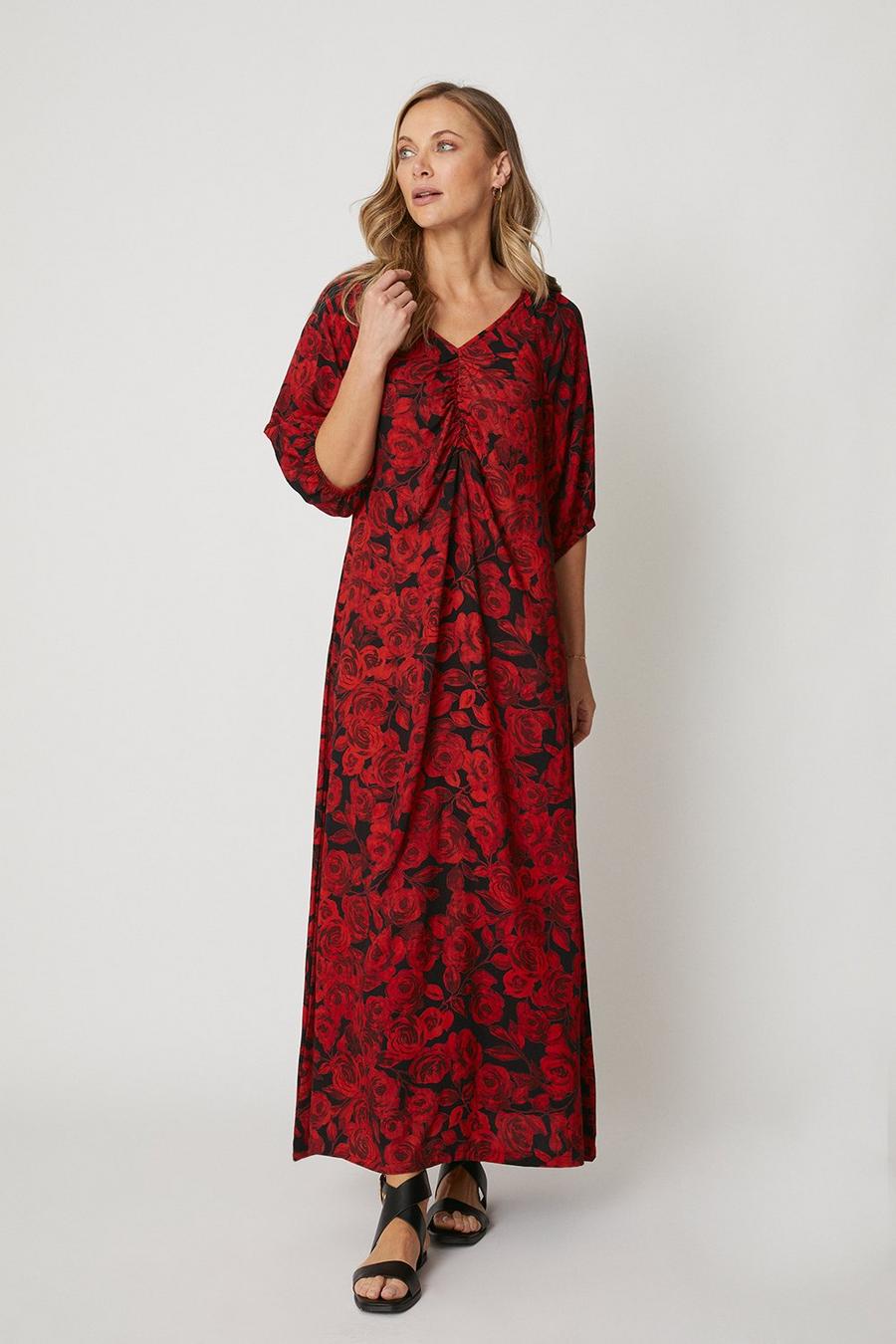 Red Floral Ruched Detail Midi Dress
