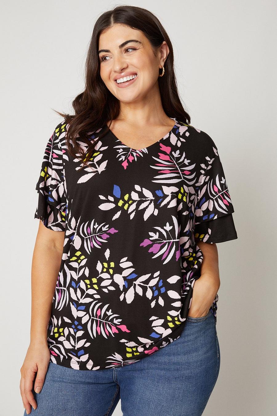 Curve Black Leaf Double Ruffle Sleeve Jersey Top