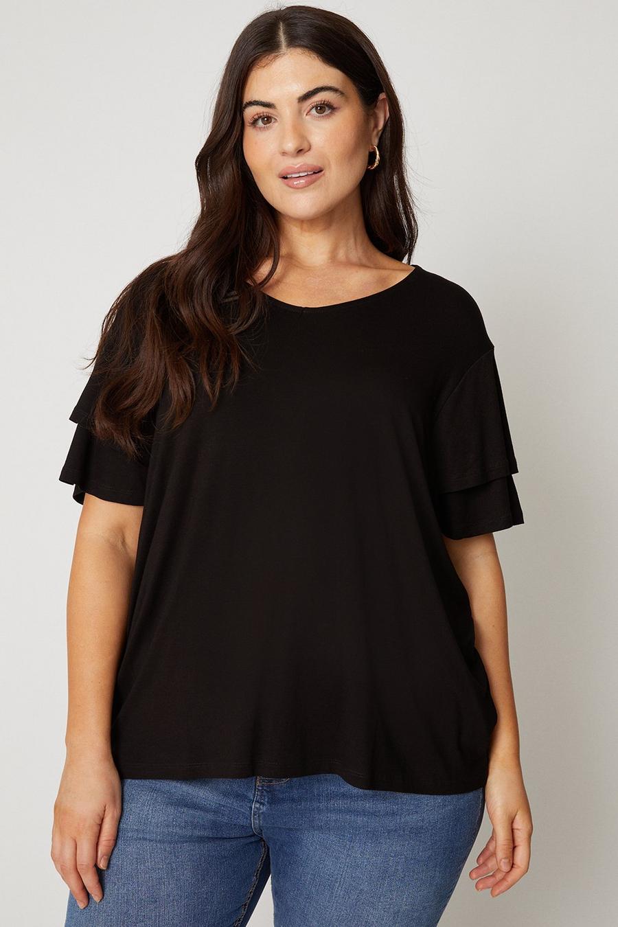 Curve Black Double Ruffle Sleeve Jersey Top