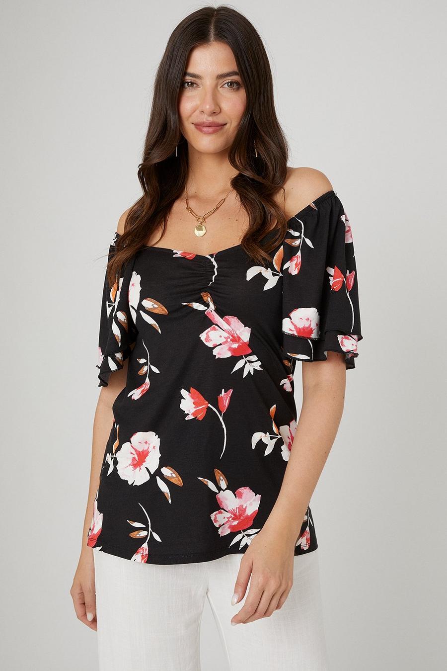 Red Floral Sweetheart Ruched Detail Jersey Top