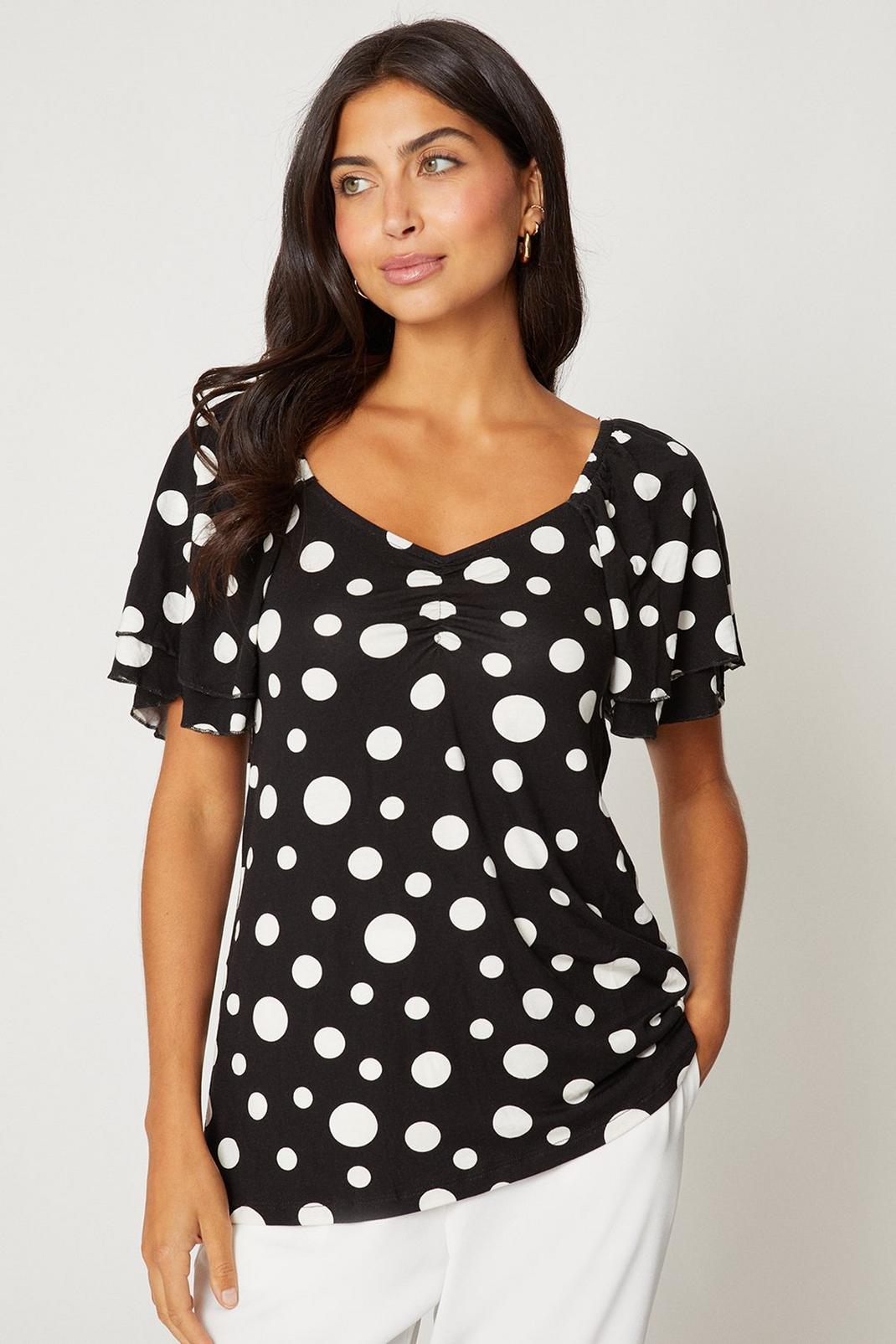Black Mono Spot Sweetheart Ruched Detail Jersey Top image number 1