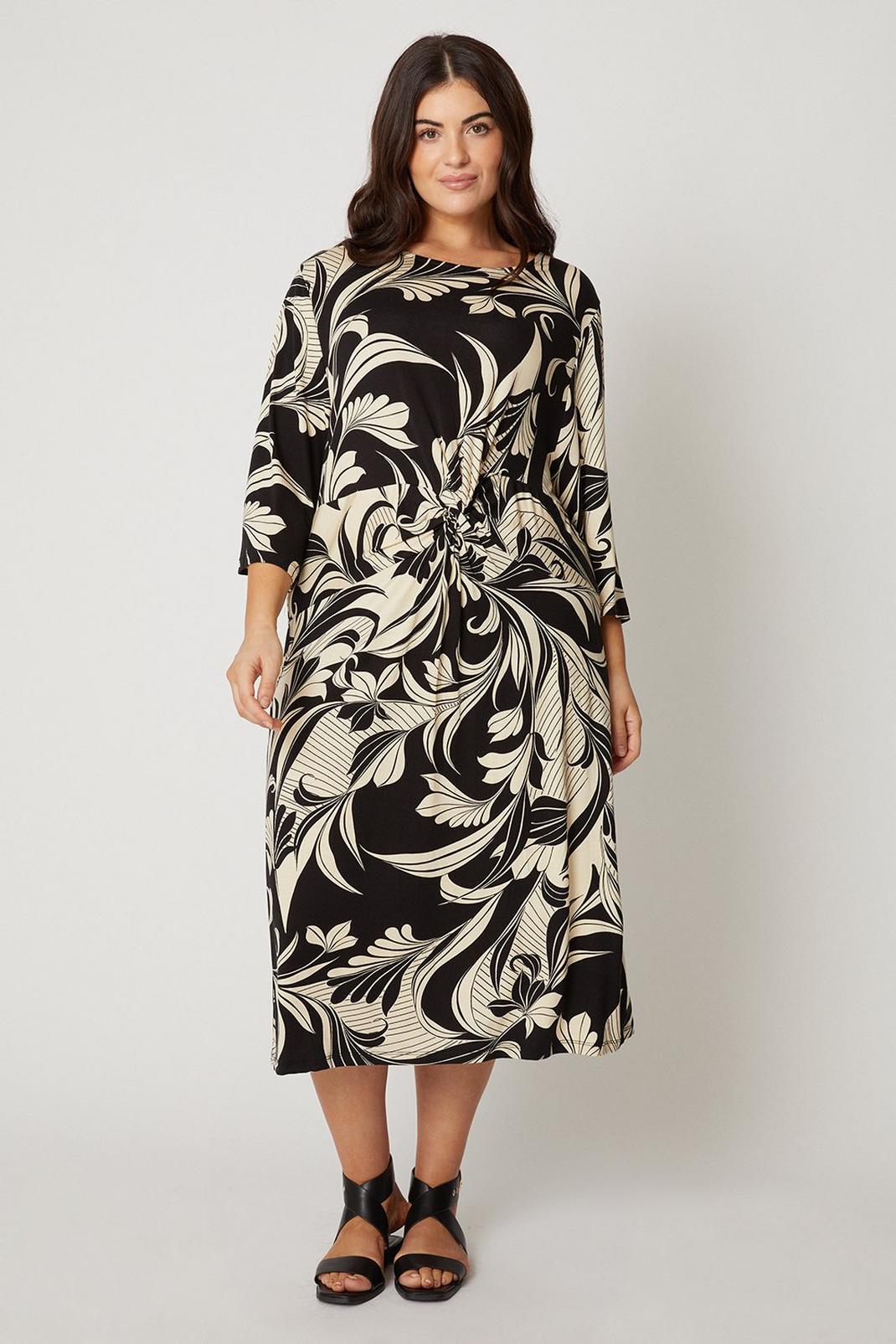 Curve Mono Floral Knot Front Jersey Midi Dress image number 1