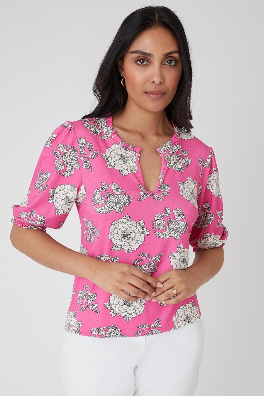 Petite Pink Floral Shirred Cuff Top