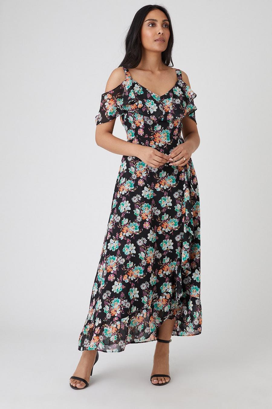 Petite Floral Cold Shoulder Midi Dress