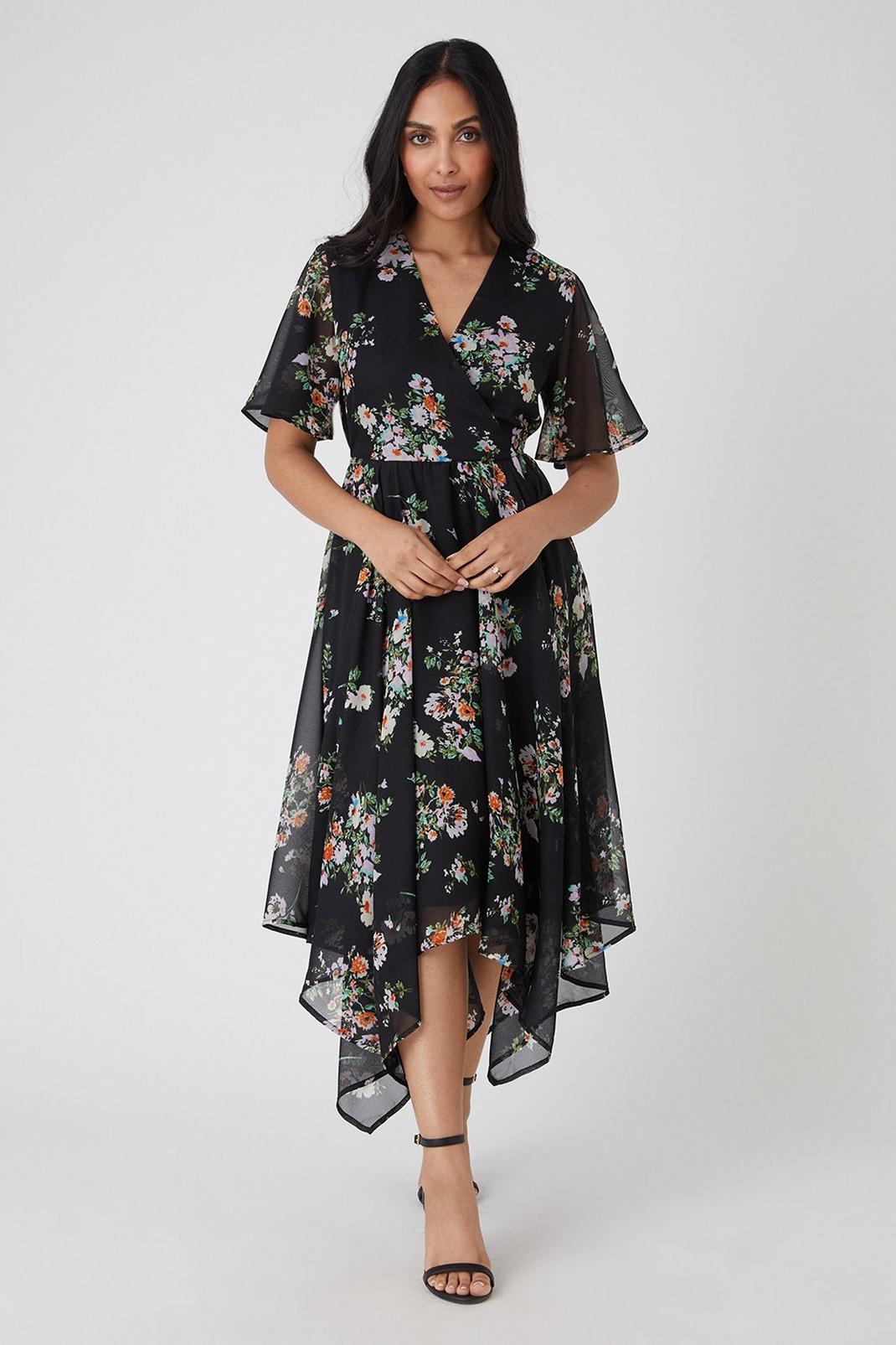 Black Petite Floral Shirred Midi Dress image number 1