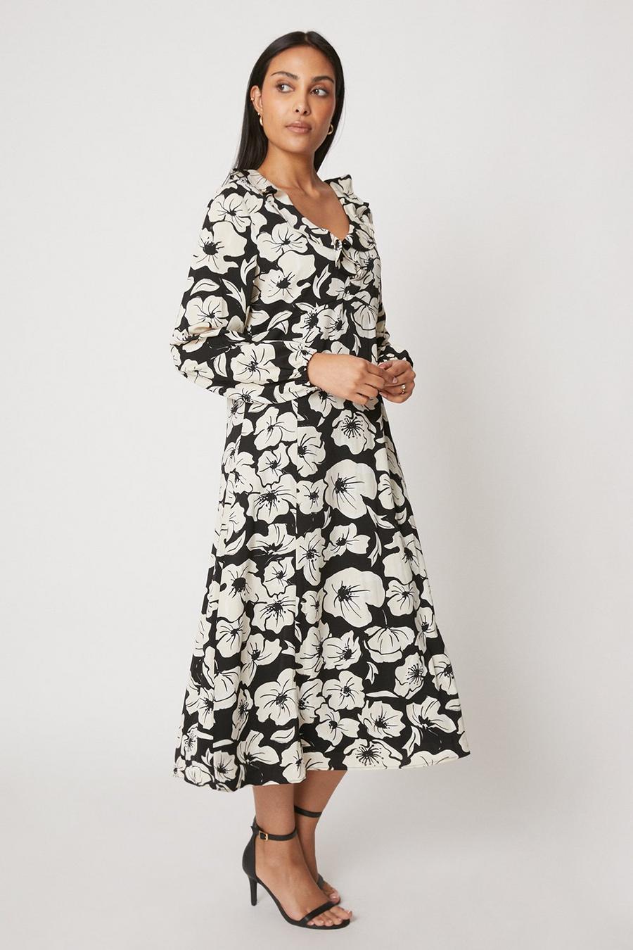 Petite Black Floral Ruffle Midi Dress