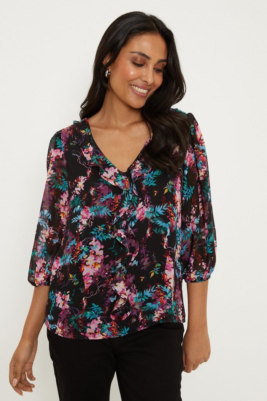 Petite Black Floral Ruffle Front Top