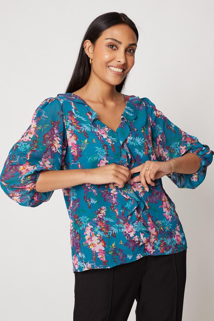 Petite Teal Floral Ruffle Front Top