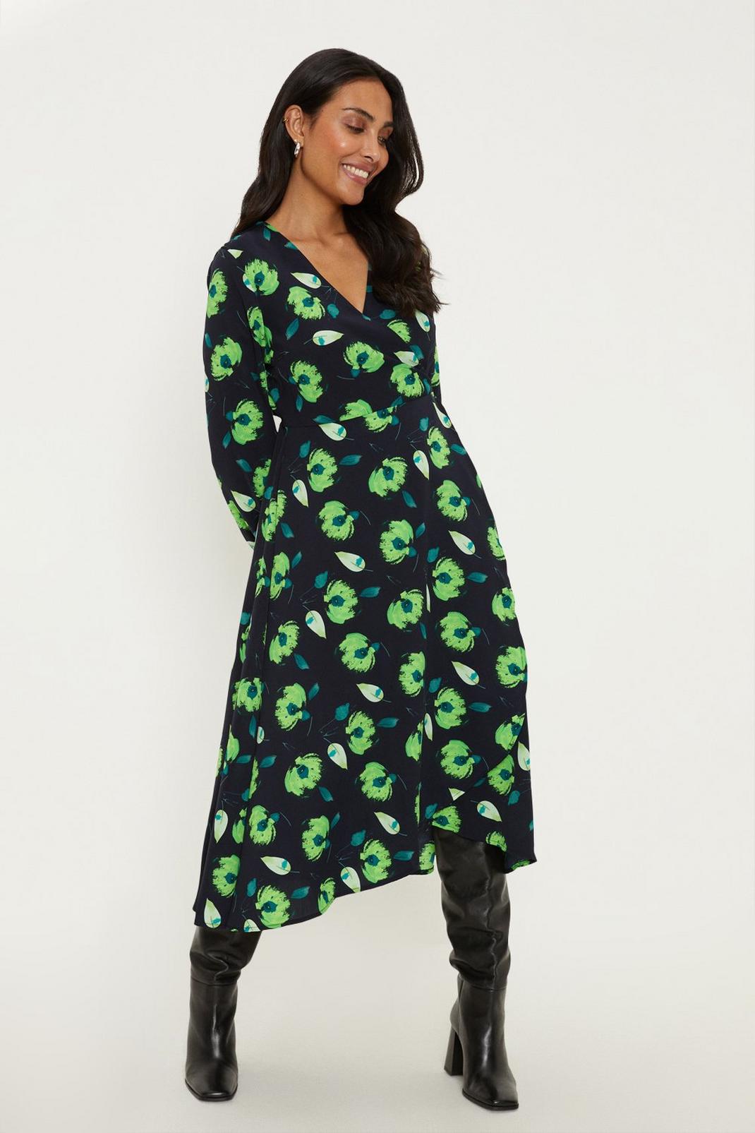 Black Petite Green Floral Wrap Dress image number 1