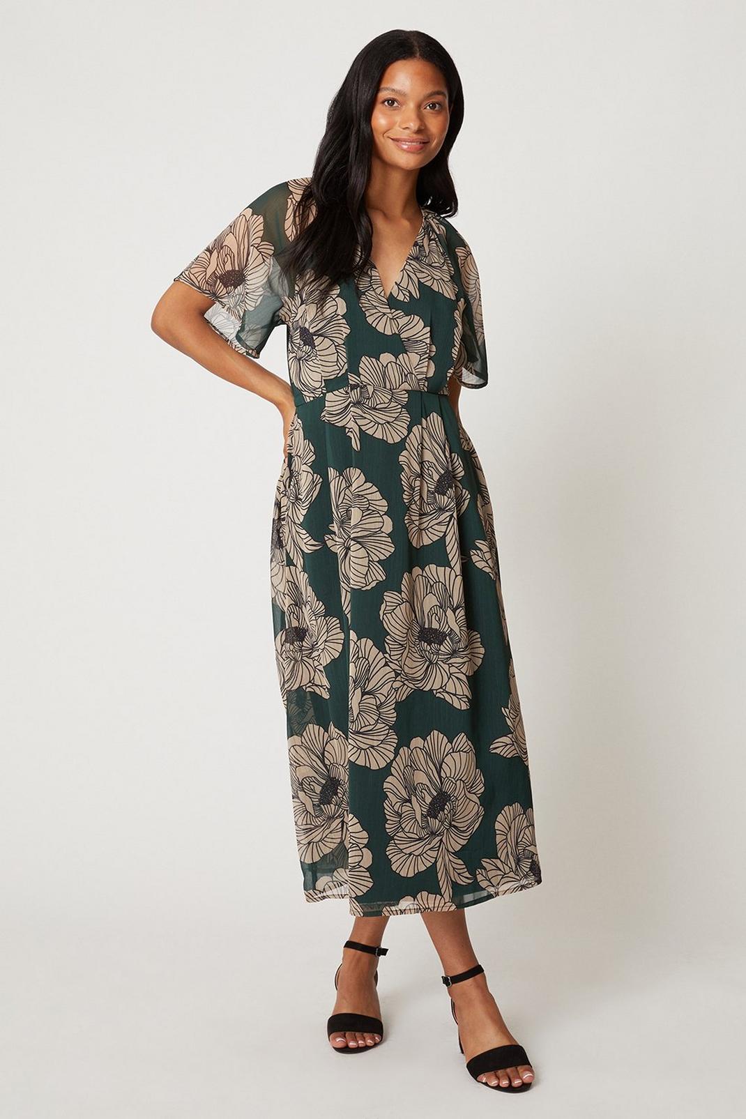 Petite Green Floral Wrap Woven Midi Dress  image number 1