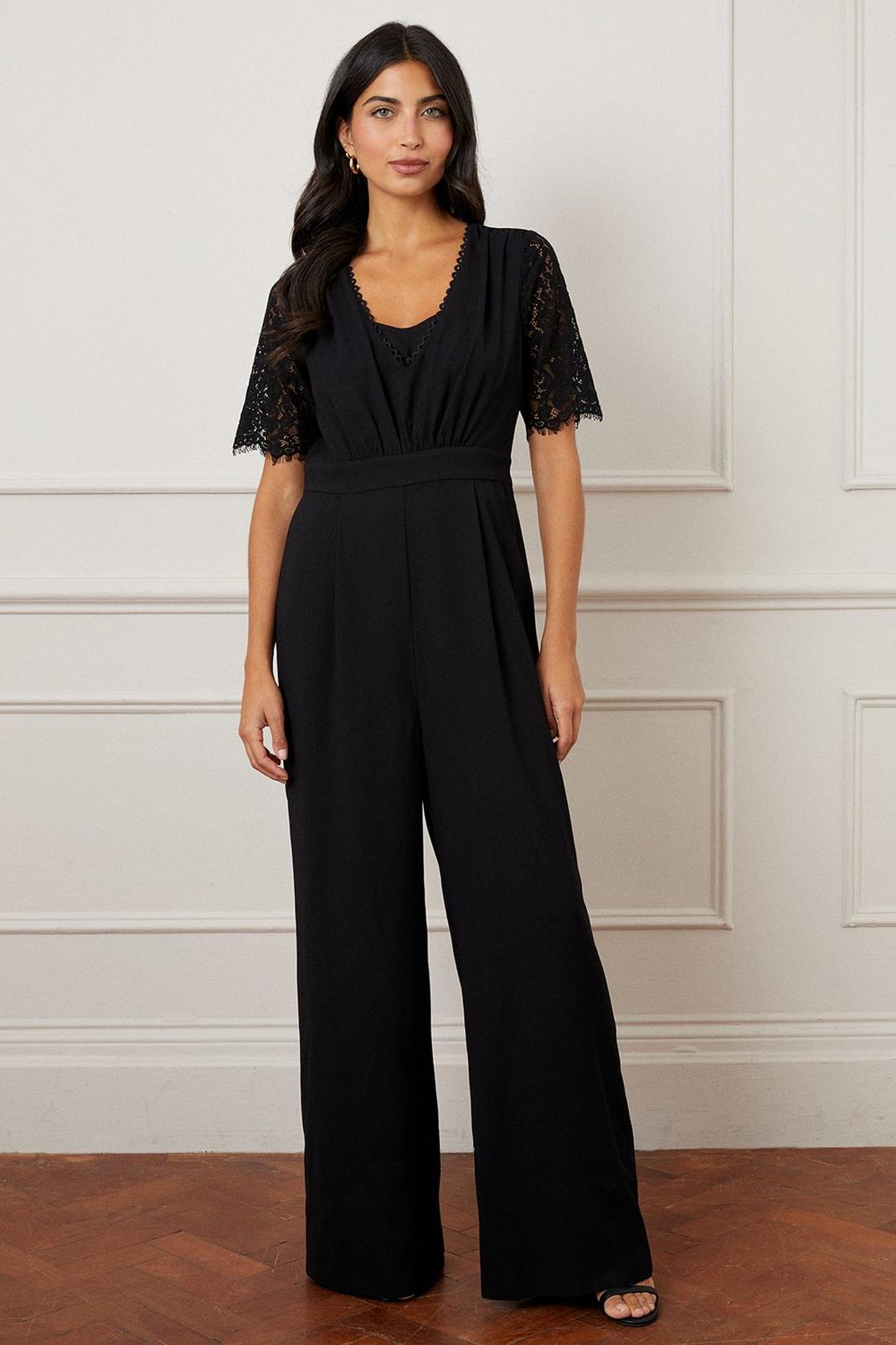 Black Tall Lace Insert Wide Leg Jumpsuit  image number 1