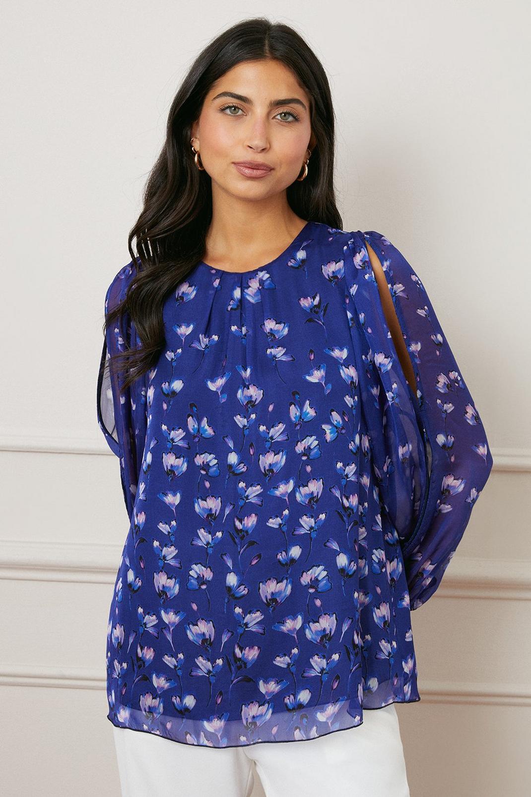 Blue Tall Silk Mix Floral Split Sleeve Blouse image number 1