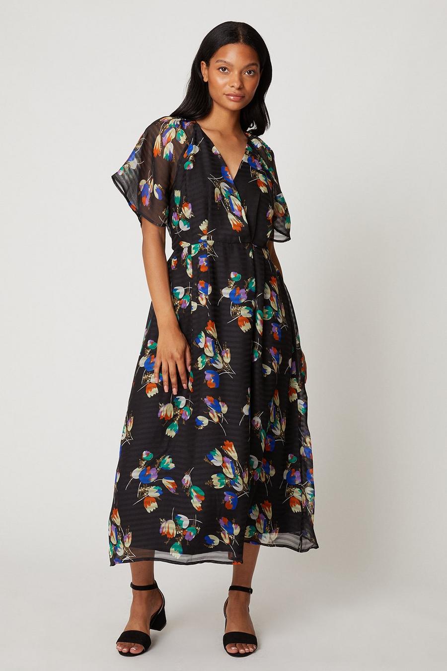 Petite Black Floral Wrap Woven Midi Dress