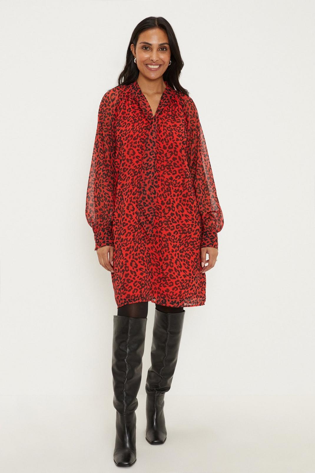 Petite Red Leopard Print Tie Neck Shift Dress image number 1