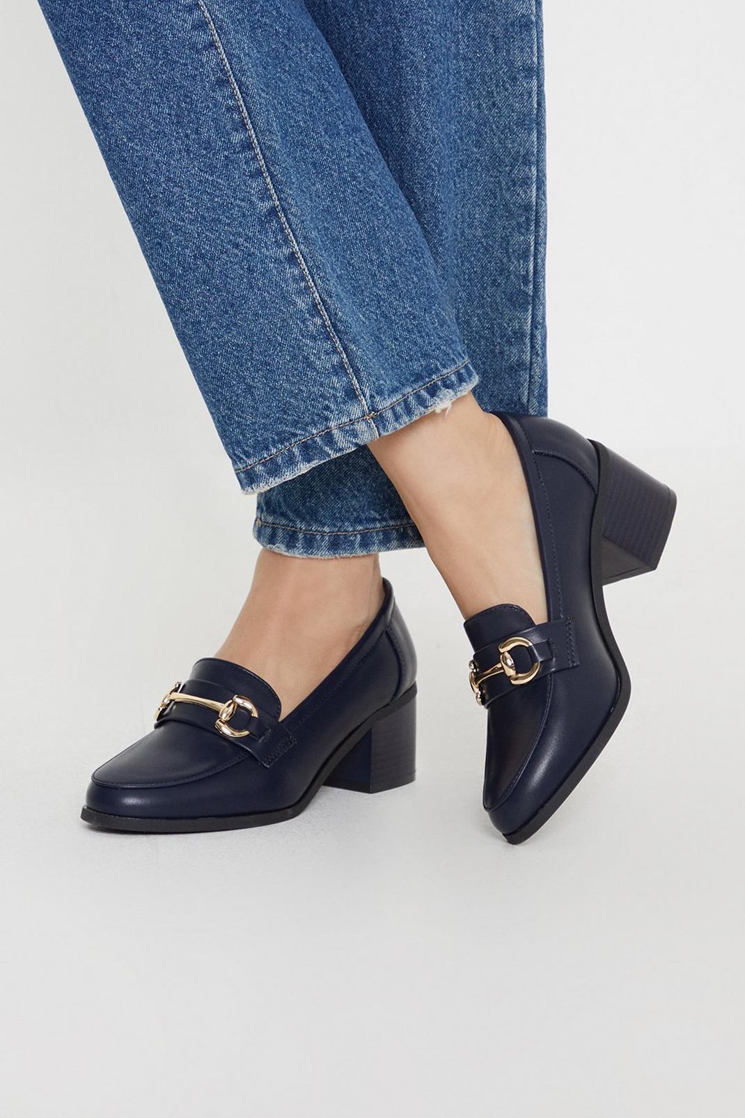Navy Lydia Snaffle Trim Apron Front Medium Heeled Loafers image number 1