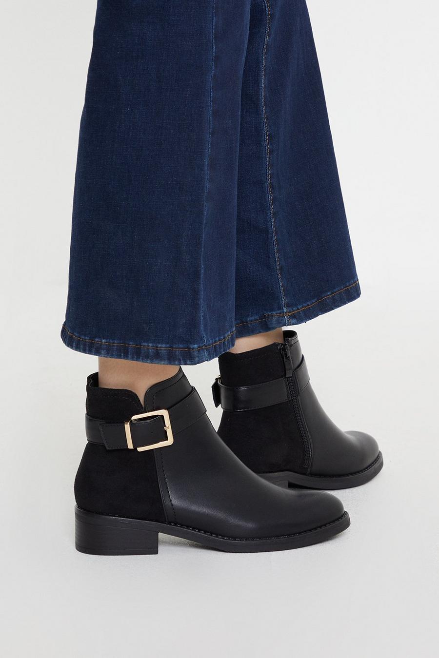 Agnes Side Buckle Mix Material Ankle Boots