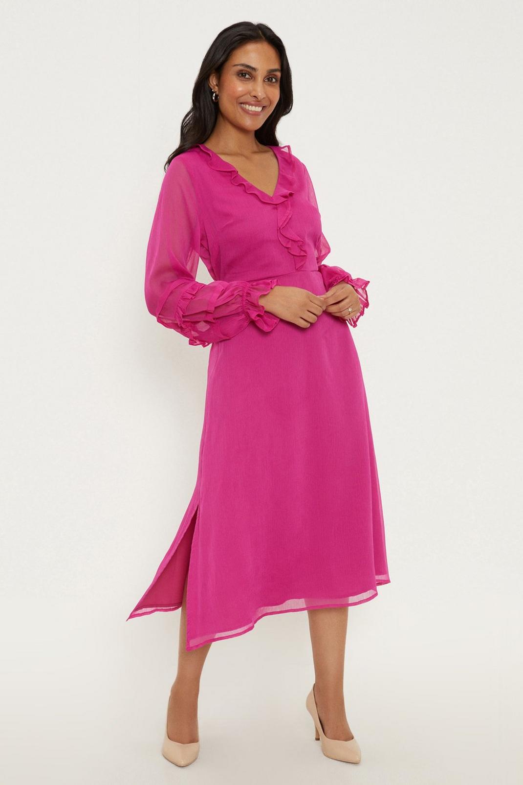 Petite Pink Ruffle Front Midi Dress image number 1
