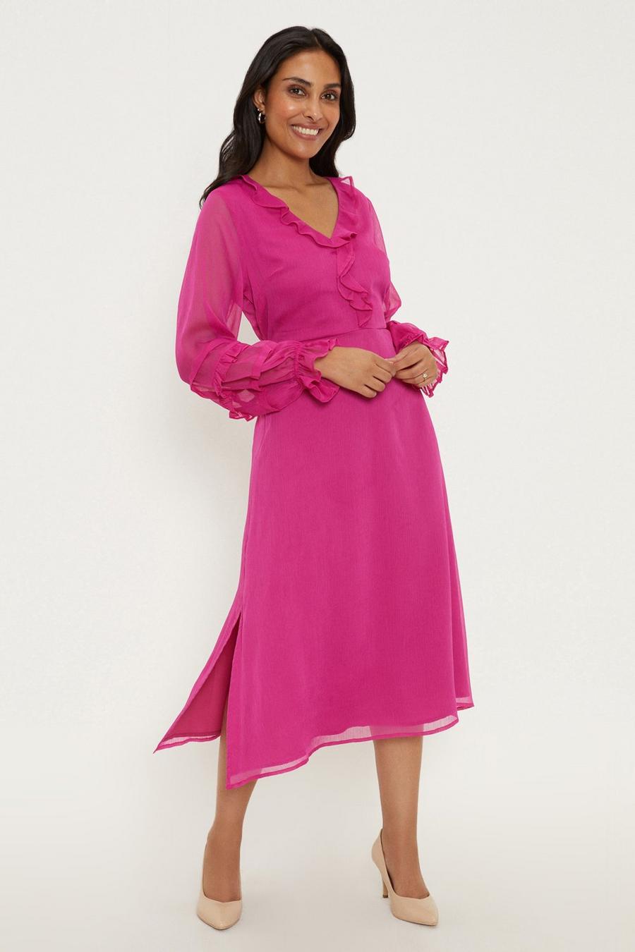 Petite Pink Ruffle Front Midi Dress