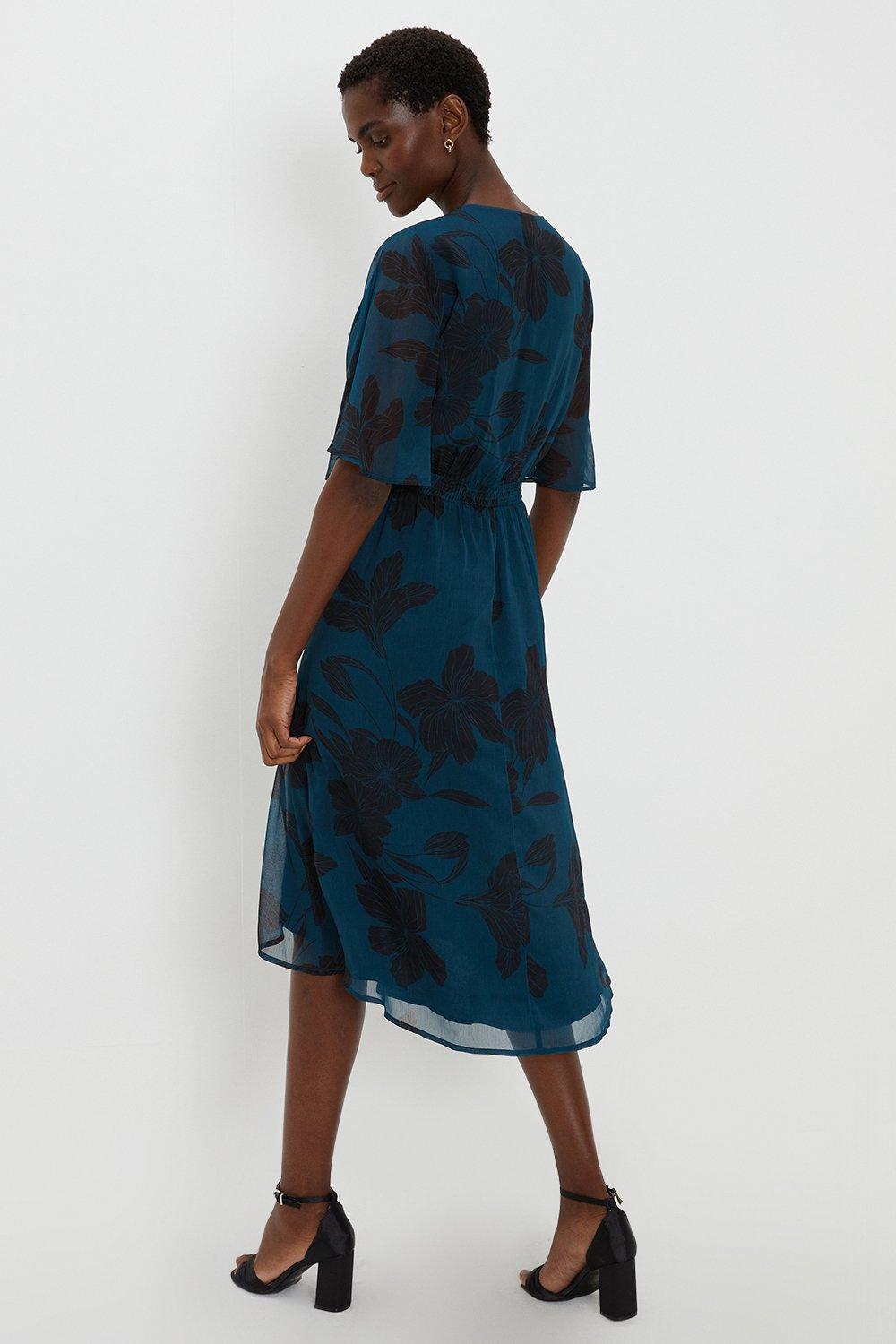 Teal Floral Twist Front Hi Lo Midi Dress