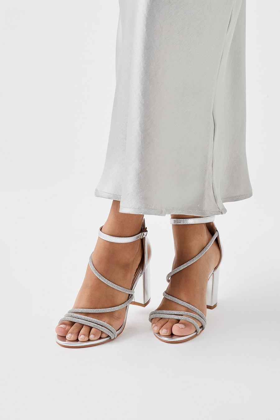 Sandy Diamante Asymmetric Strap High Heel Block Heel Sandals