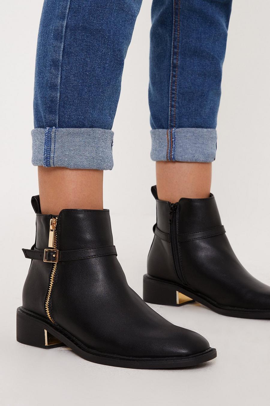 Amanda Side Zip Buckle Detail Riding Ankle Boots