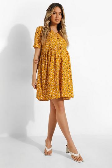 Yellow Maternity Floral Button Down Smock Dress
