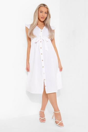 White Maternity Cotton Button Down Midi Dress