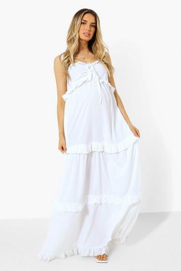 White Maternity Frill Shoulder Maxi Dress