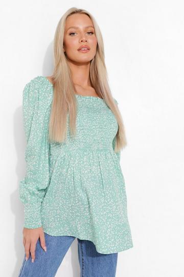Sage Green Maternity Floral Shirred Chest Smock Top