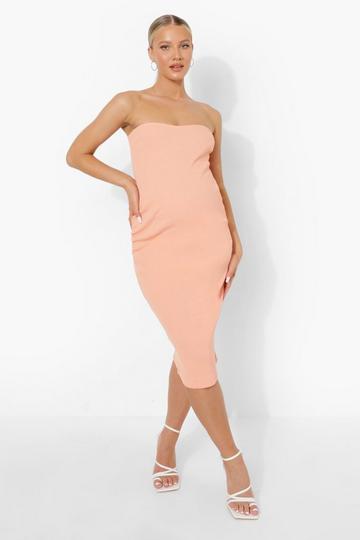 Coral Pink Maternity Bandeau Premium Rib Midi Dress