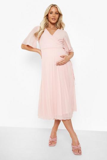 Maternity Wrap Pleated Skater Midi Dress baby pink