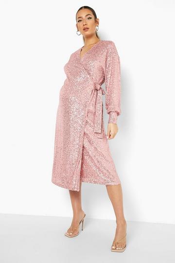 Maternity Sequin Wrap Midi Dress blush