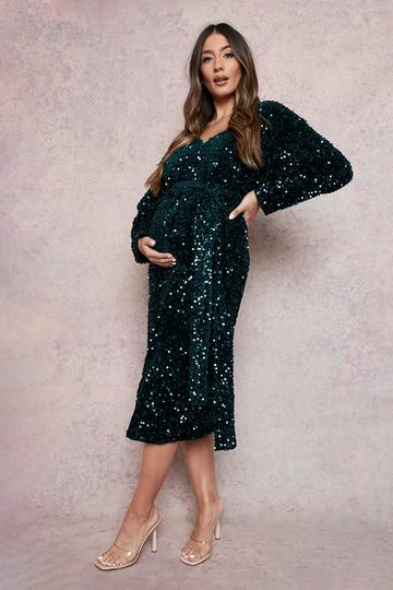 Maternity Plunge Velvet Sequin Midi Dress emerald