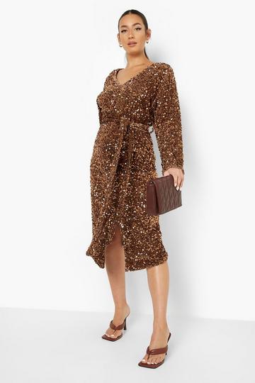 Maternity Plunge Velvet Sequin Midi Dress rust