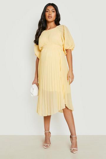 Maternity Tie Waist Pleated Puff Sleeve Midi Dress lemon