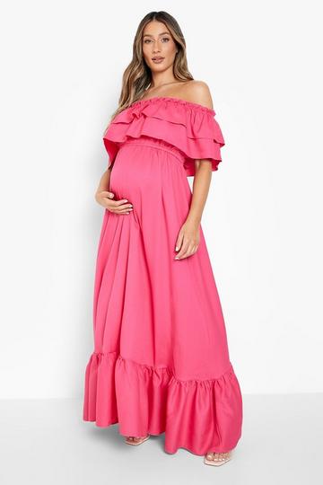 Pink Maternity Ruffle Bardot Maxi Dress